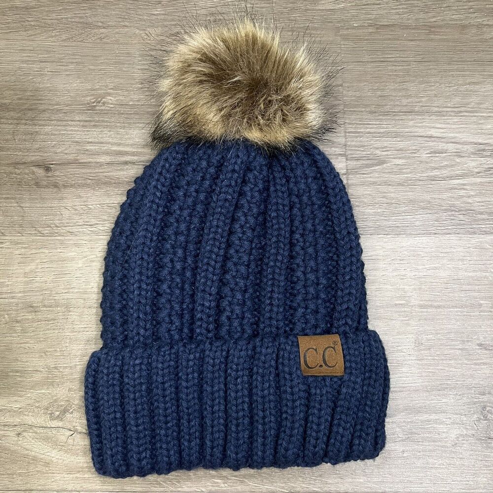 C.C Thick Knit Womens Fuzzy Pom Fleece Lined Skull Cap Beanie Navy Blue